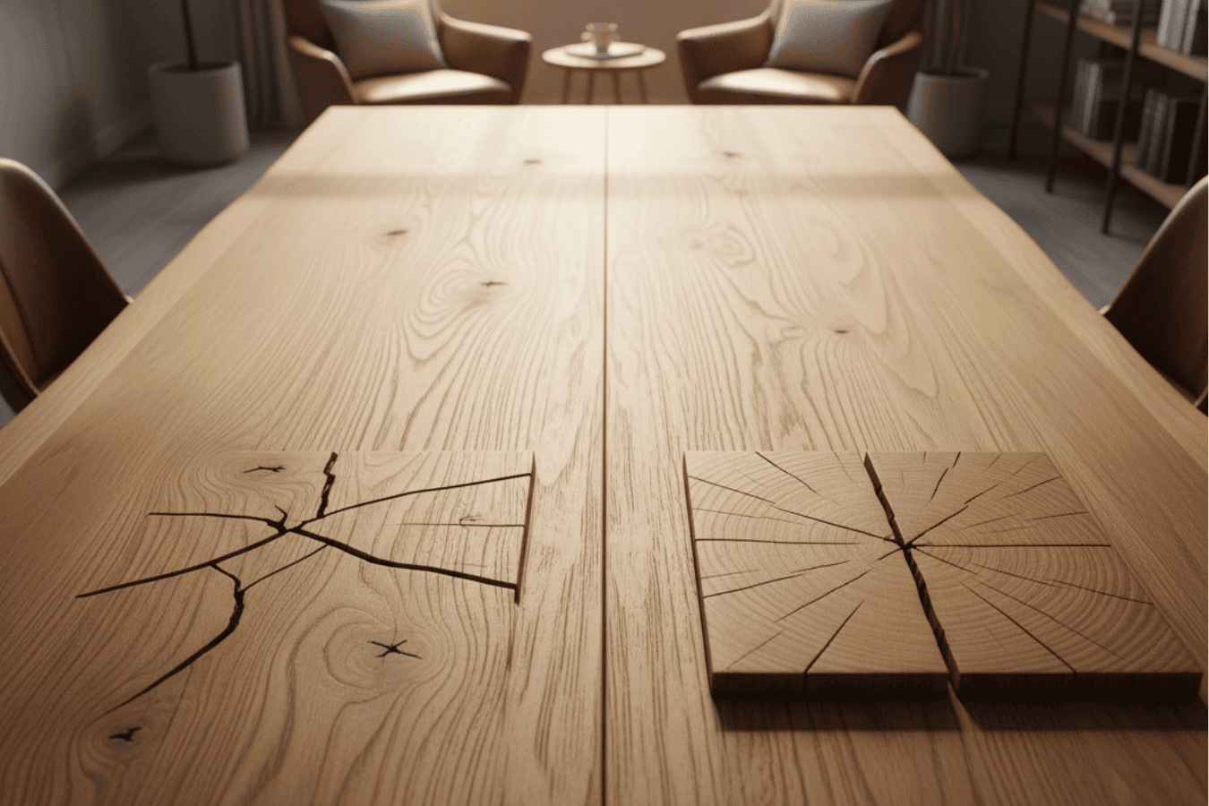 A sunlit conference table showing cross-grain cracking on the left and end-grain cracking