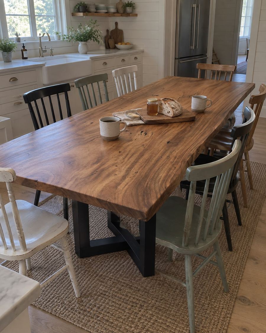 Rendering of the Ilaria Octavia slab as a dining table with Pedestal Legs in a modern farmhouse home