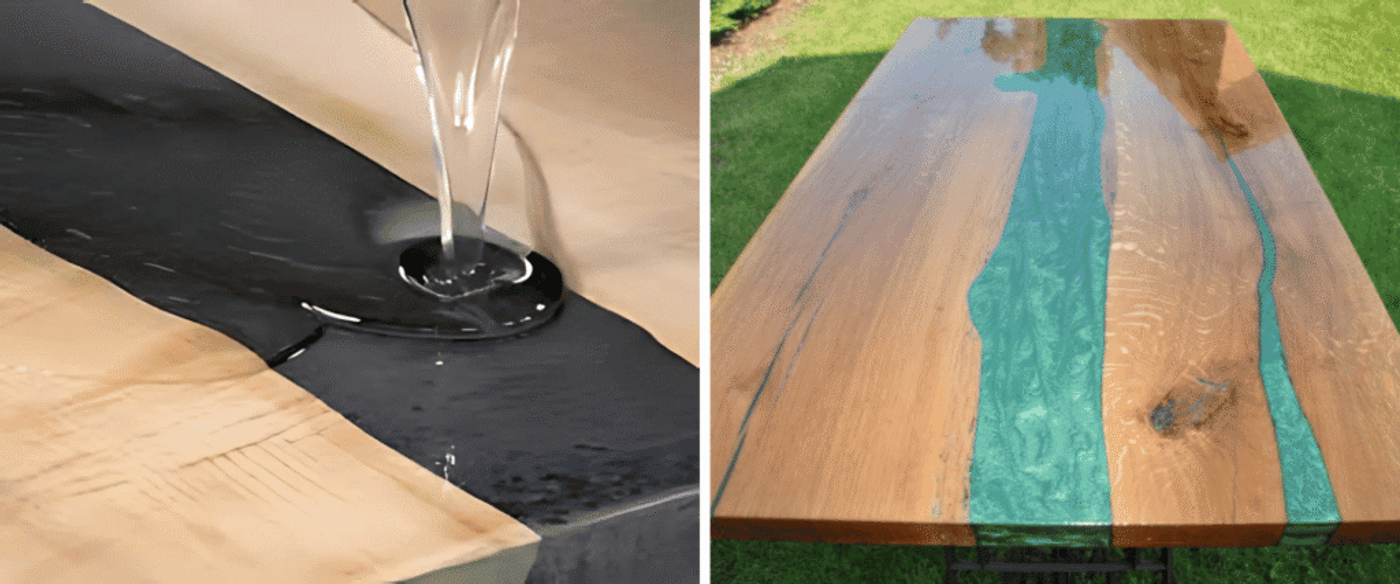 Handcrafted live-edge wood table with glossy turquoise resin river flowing through natural grain, set outdoors on green lawn.