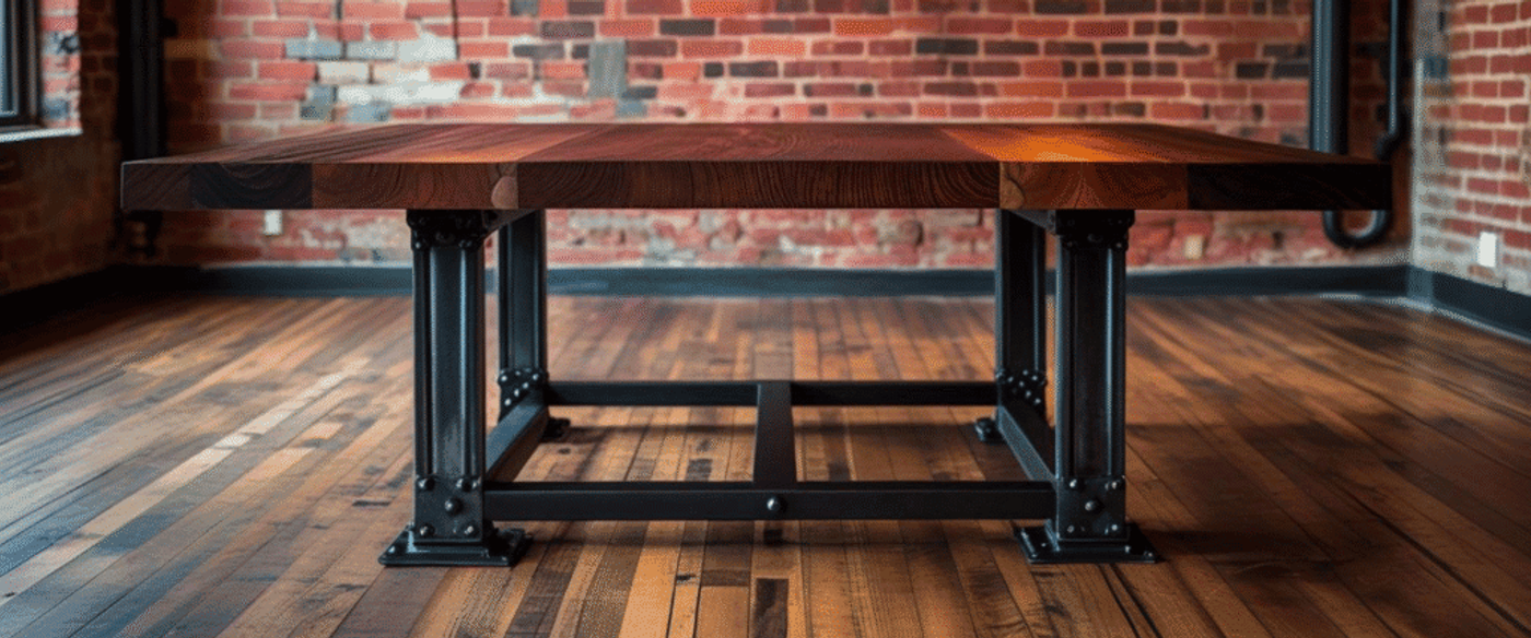Industrial-style wooden table with metal legs on hardwood floor in a room with exposed brick walls