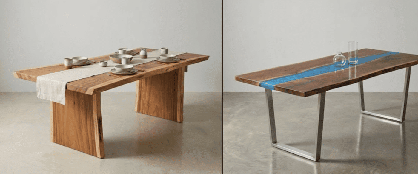 Gunacaste dining table with linen runner and ceramic settings paired with live-edge gunacaste table featuring a blue resin river and metal legs