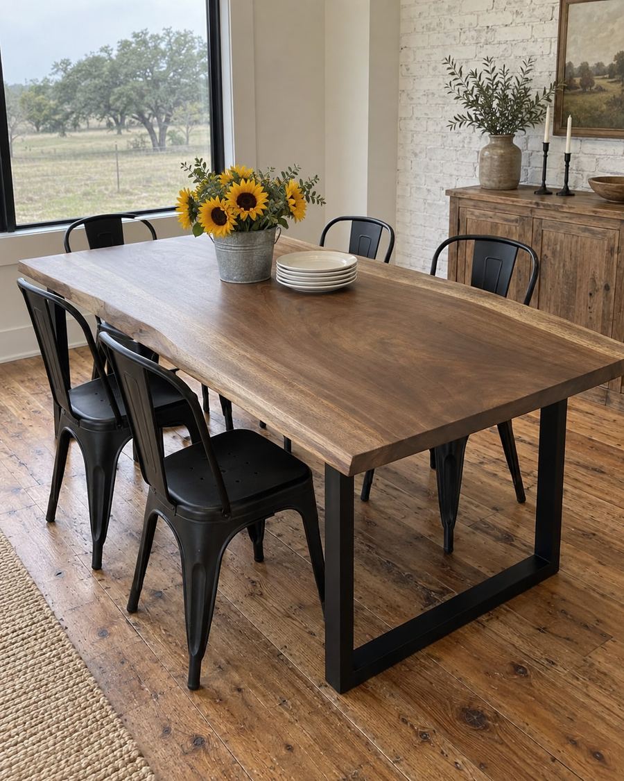 Rendering of the Ennia Sexta slab as a dining table with Traditional Legs in a modern farmhouse home