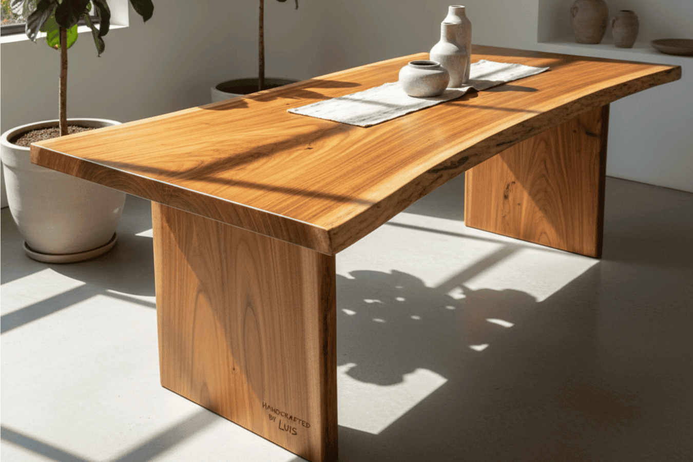 live-edge wooden dining table with ceramic vases on a runner, potted plants