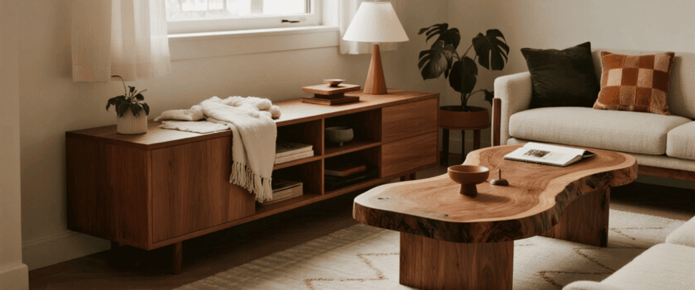 Cozy living room with natural wood furniture, soft cushions, plants, and warm lighting for a calm, inviting space.