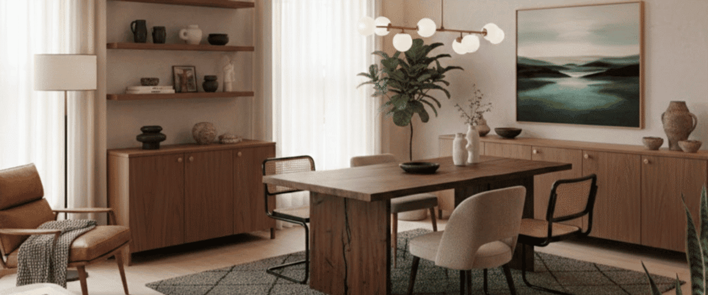 Warm, modern dining room with a wooden table, mixed chairs, pendant light, sideboards, shelving, potted plants, and abstract wall art.