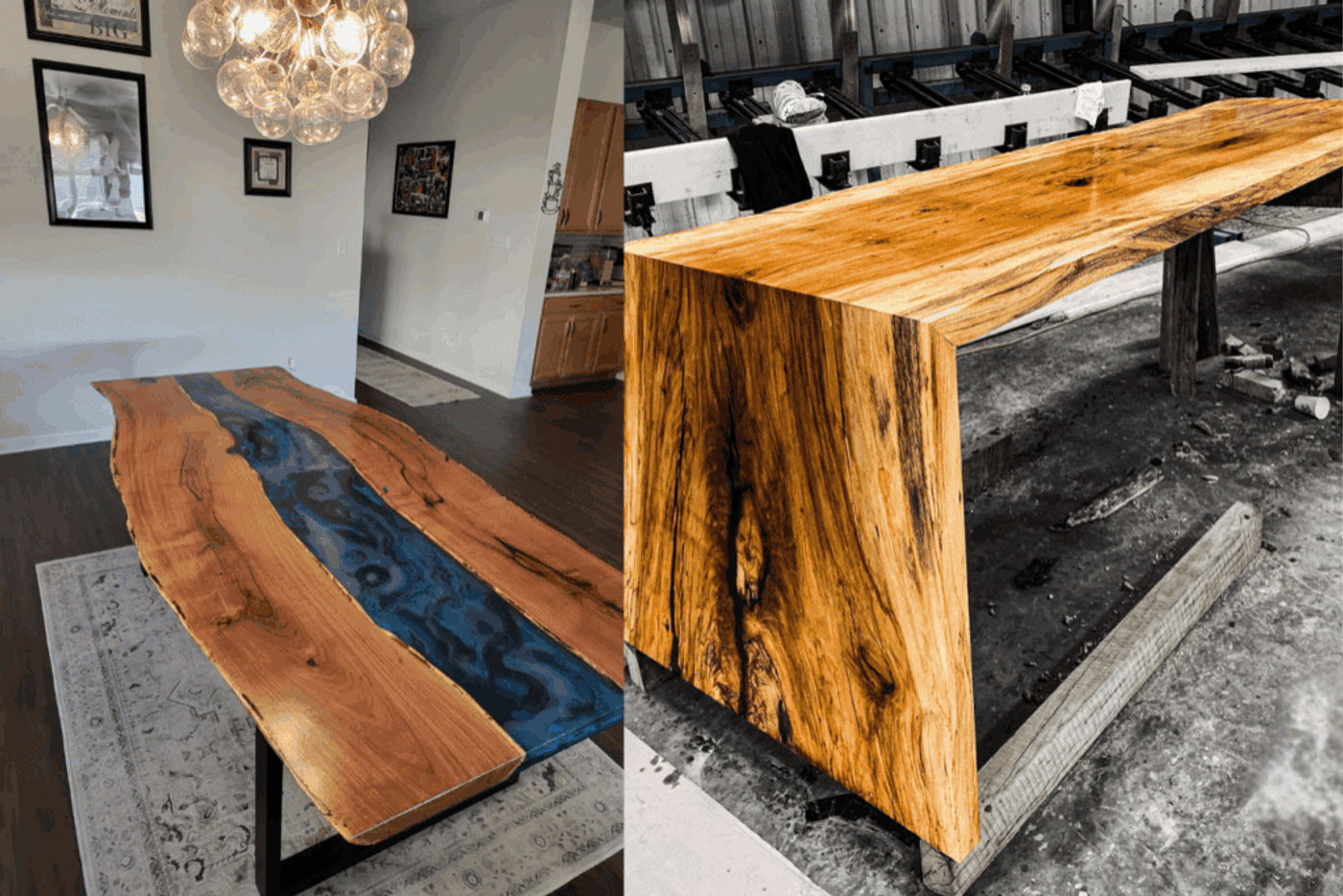 A side-by-side image showing two wooden tables. The left side features a finished table with a natural live edge and a blue resin river running through the center, placed in a modern home dining area with a decorative chandelier overhead. The right side shows an unfinished wooden table with a smooth, polished surface and natural wood grain, set in a workshop environment.