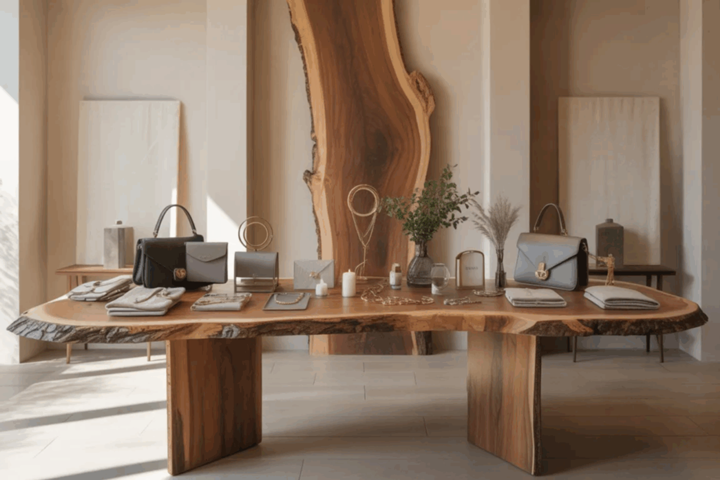 A stylish display table made of natural wood with live edges, showcasing handbags, folded scarves, jewelry, candles, and decorative plants in a minimalist, sunlit boutique setting.