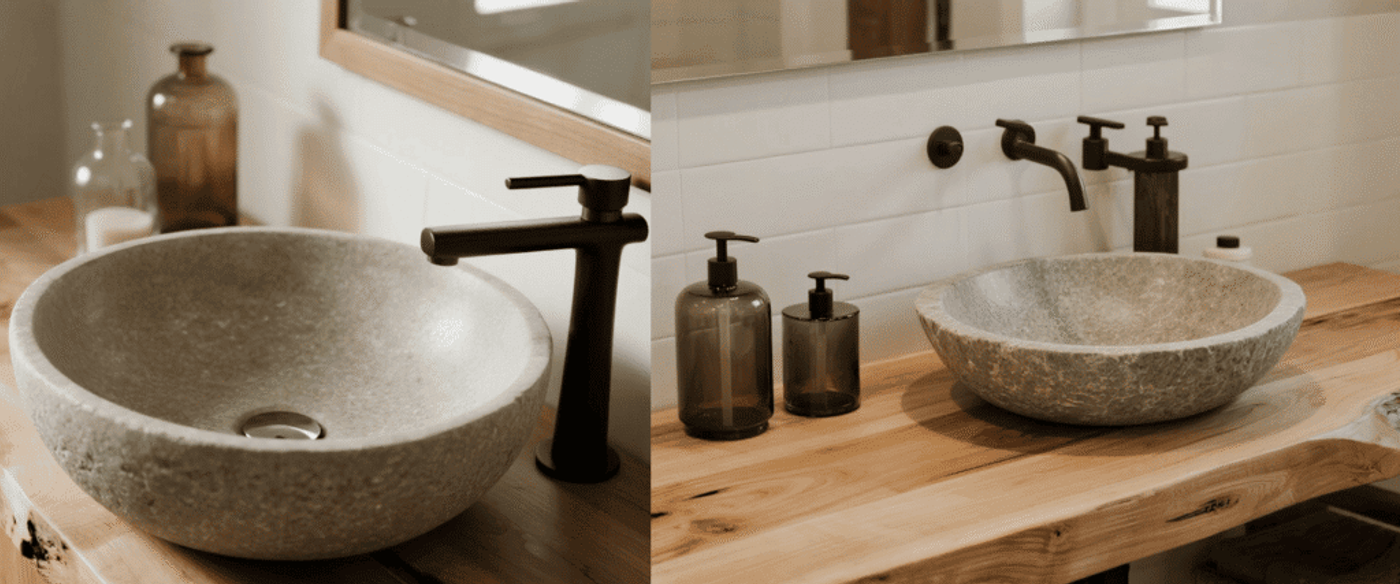 Natural stone vessel sink on a live-edge wooden vanity with black faucet and amber soap dispensers in bright bathroom