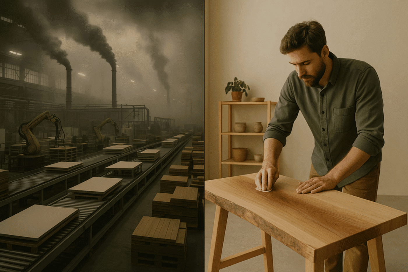 Industrial pollution vs. handmade craftsmanship: contrasting mass production impact with quality and care.