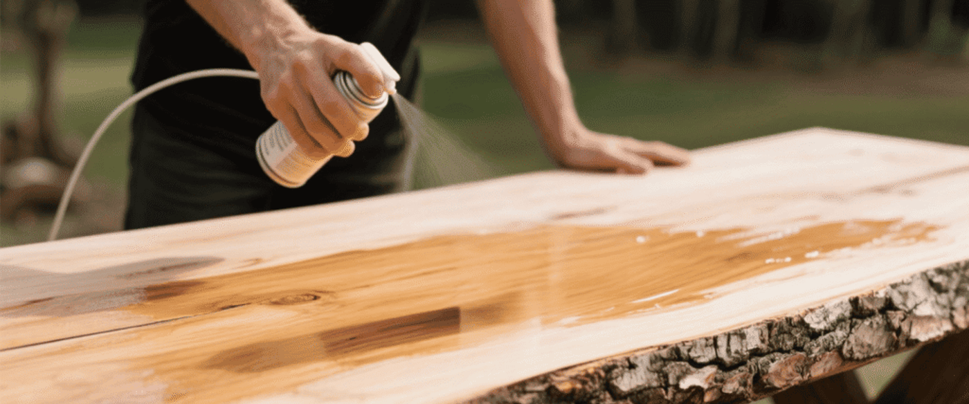 Person applying water-based sealer spray to raw wood slab to protect and enhance its natural texture and durability outdoors.
