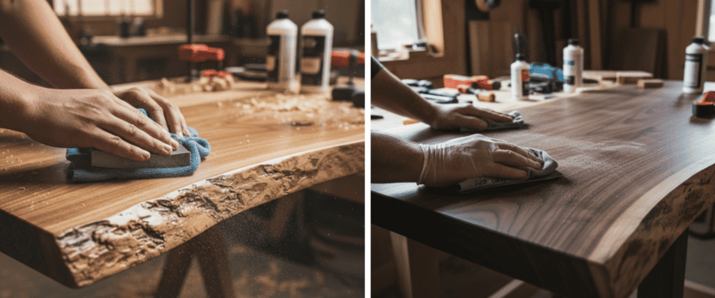 Hands sanding and polishing the surface of a live-edge wooden tabletop in a workshop, with tools and finishes blurred in background.