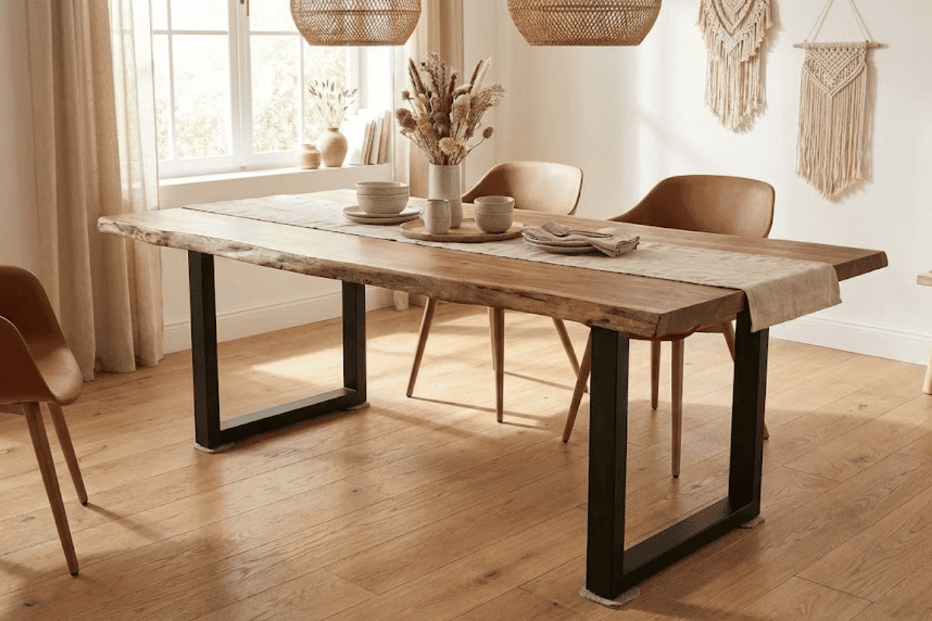 Sunlit dining area with a live-edge wooden table, leather chairs, woven pendant lights, and neutral boho decor