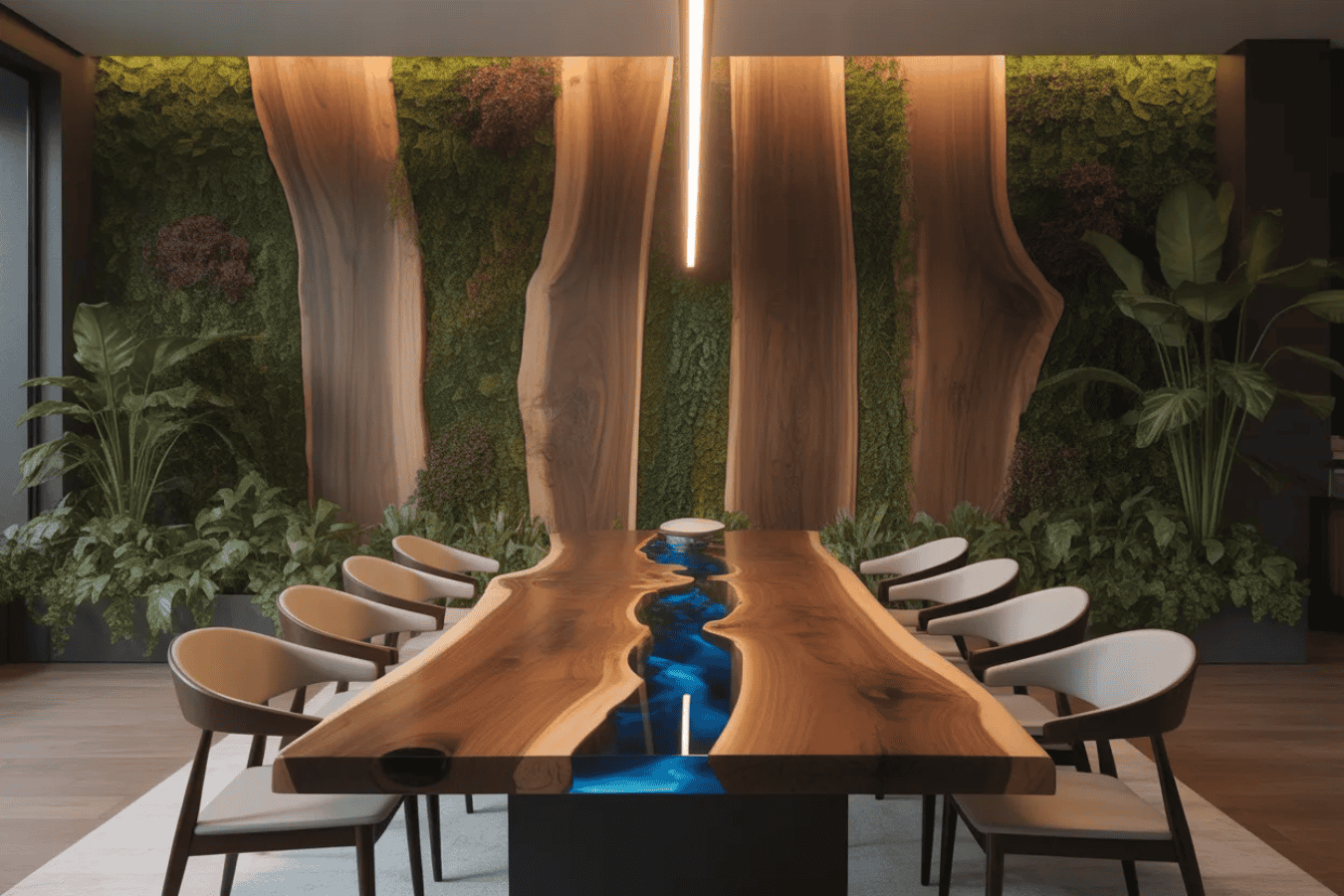 A modern dining room with a live edge wooden table featuring a blue resin river inlay. The room includes six chairs, a green moss wall with wood panels, and indoor plants, creating a natural, elegant atmosphere.