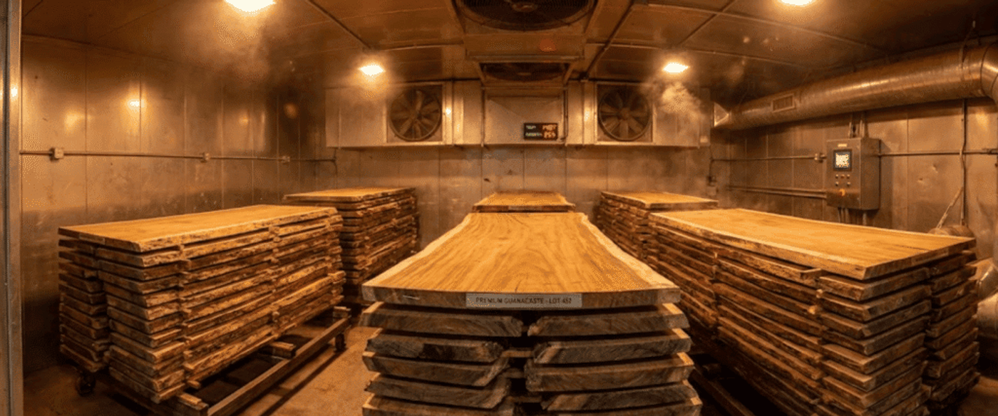 Stacks of large wooden slabs drying inside a climate-controlled wood kiln, metal walls, ventilation ducts and control panel visible