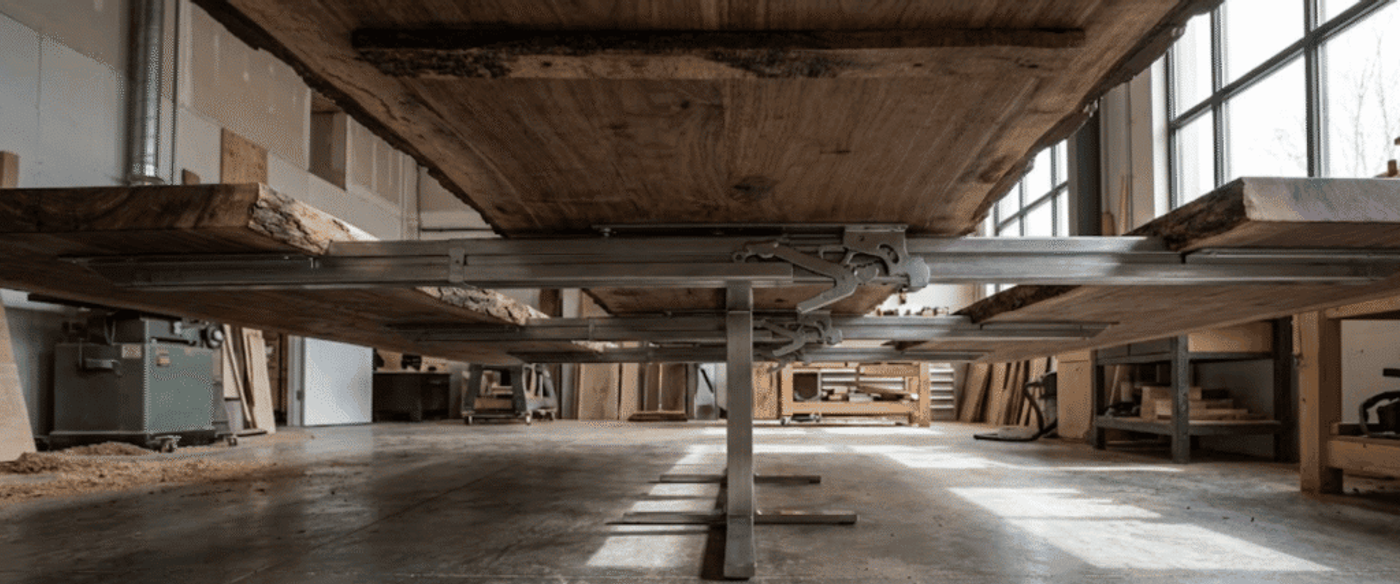 Low-angle view of a woodworking shop showing large live-edge wood slabs clamped on metal supports over a concrete floor, sunlight streaming through windows