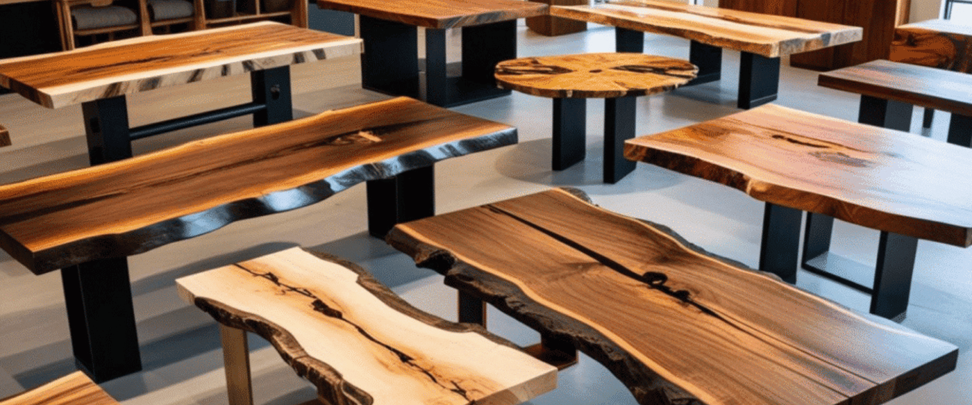 Collection-of-live-edge-wooden-tables-with-metal-legs-displayed-in-a-showroom