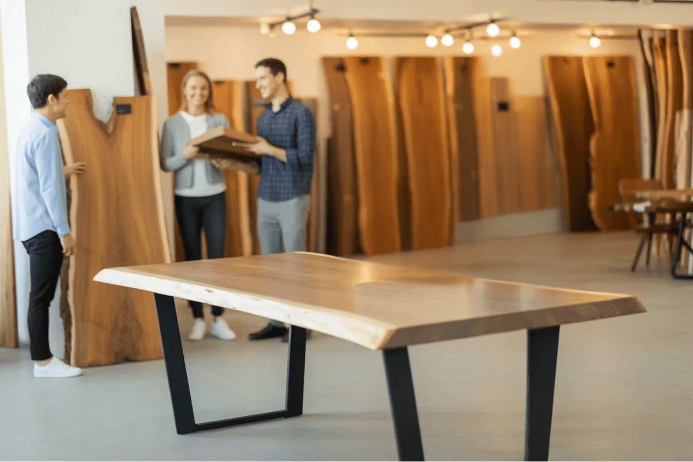 Wooden furniture showroom with customers discussing wood samples and live edge table display.