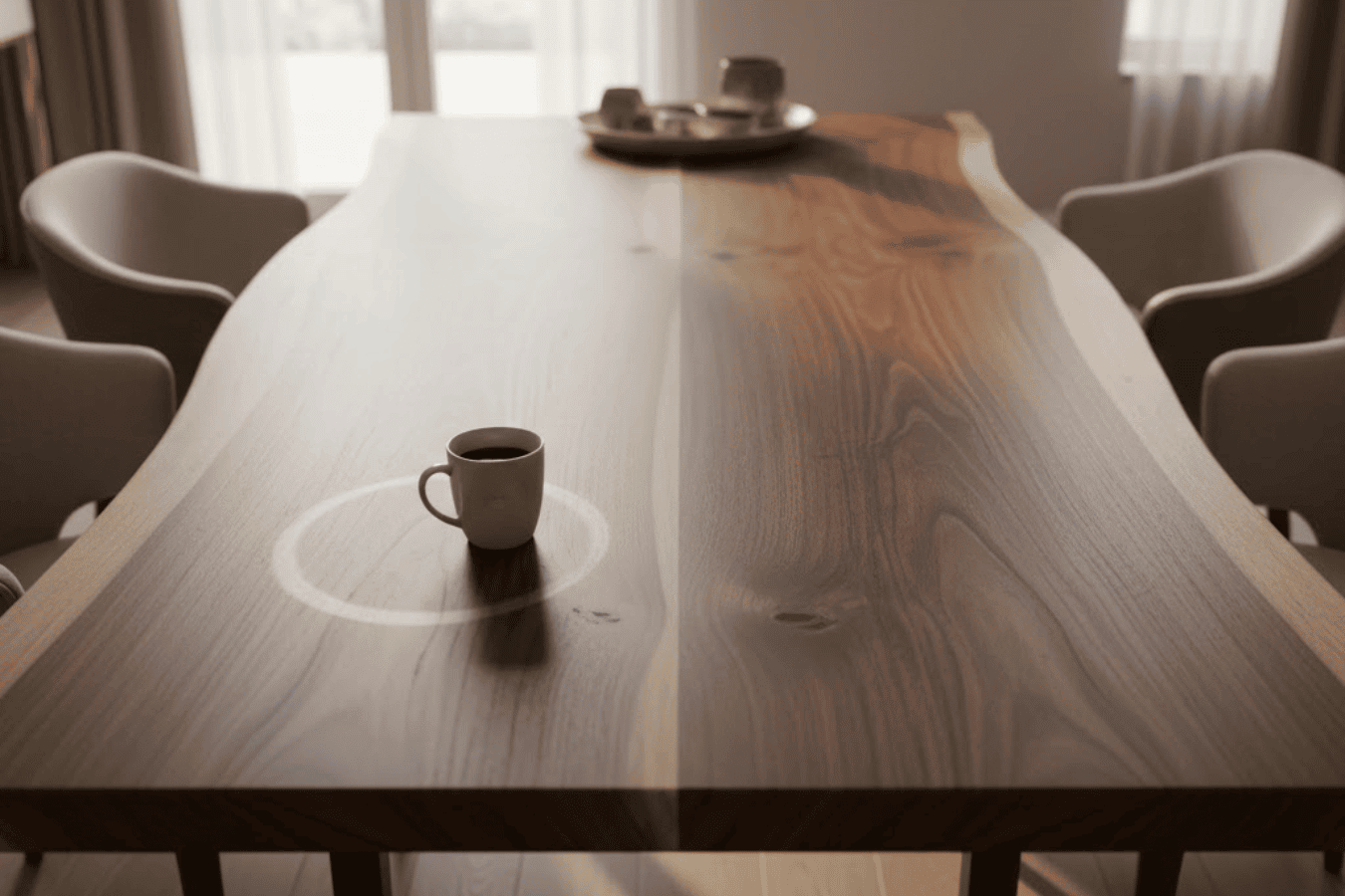 Warm wood dining table with a coffee mug leaving a white ring, modern chairs and soft daylight from large windows