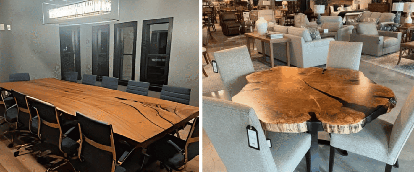 Live-edge round wood table with four upholstered gray chairs in a bright furniture showroom, decorative lamps and sofas in background.