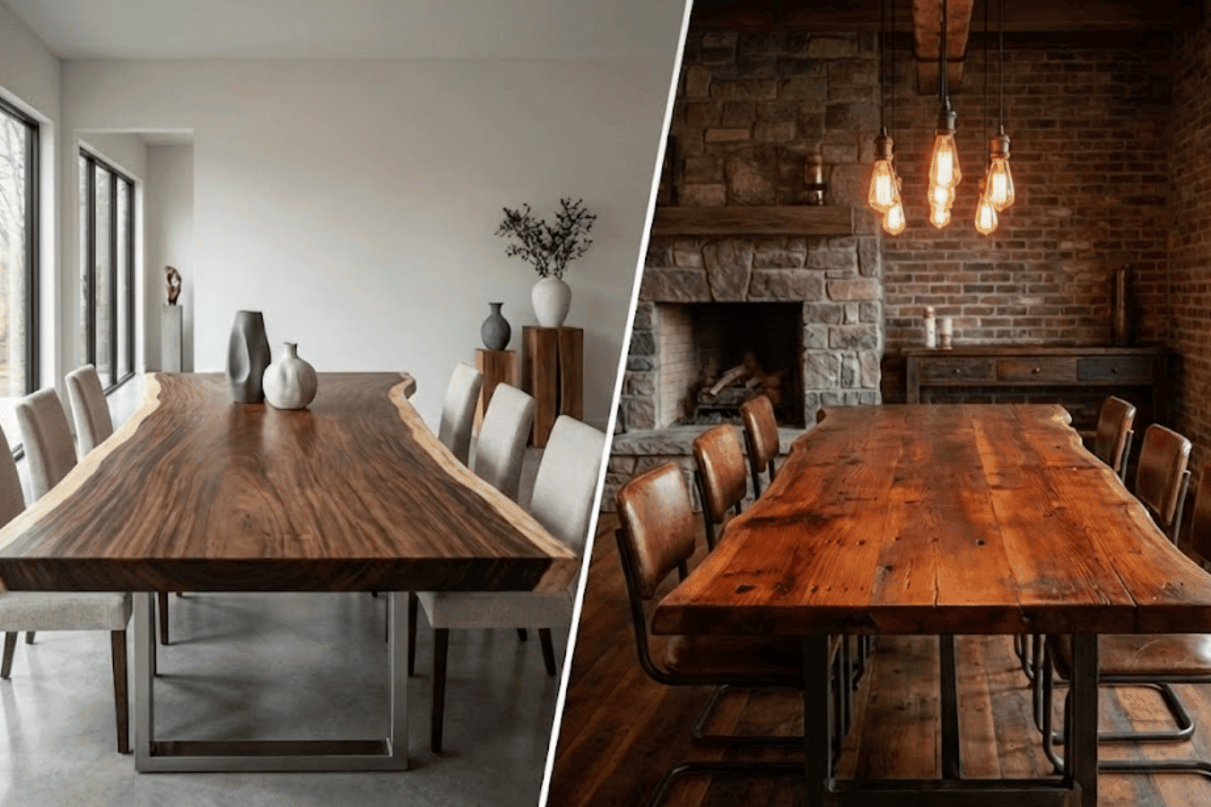 modern dining room with long live-edge walnut table, beige upholstered chairs, large windows and minimalist decor