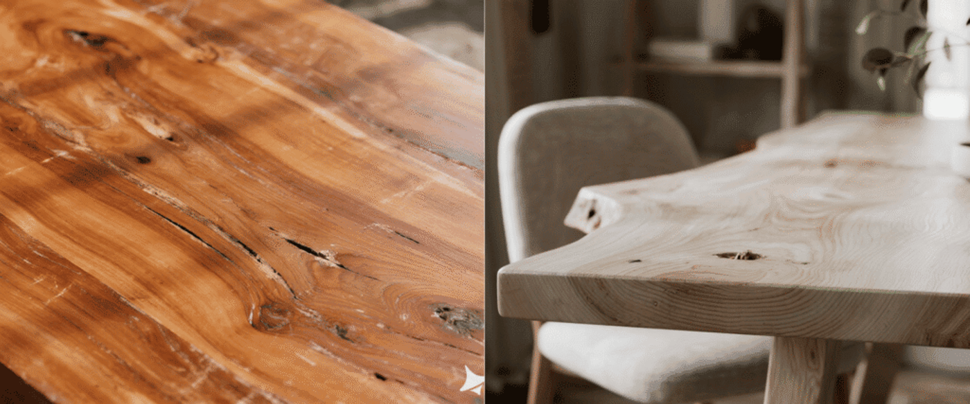 live-edge wooden dining table with natural knots and cracks
