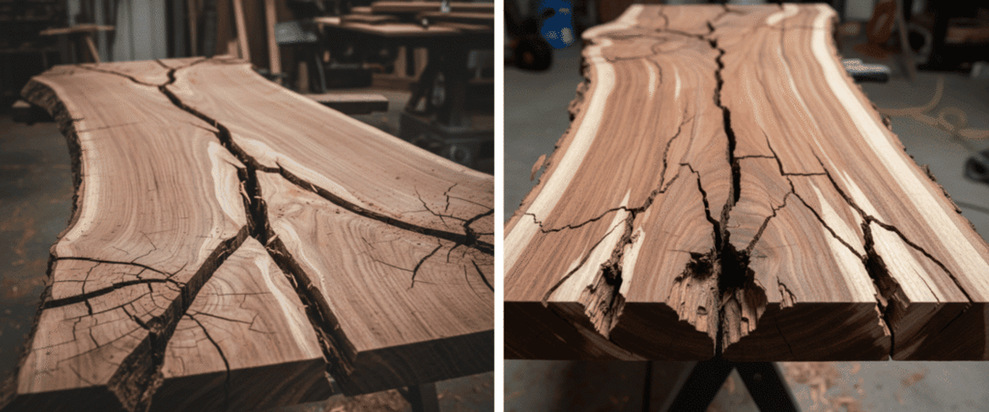 Live-edge slab of cracked walnut on a workshop bench, showcasing deep natural fissures, grain patterns, and rough bark edges.