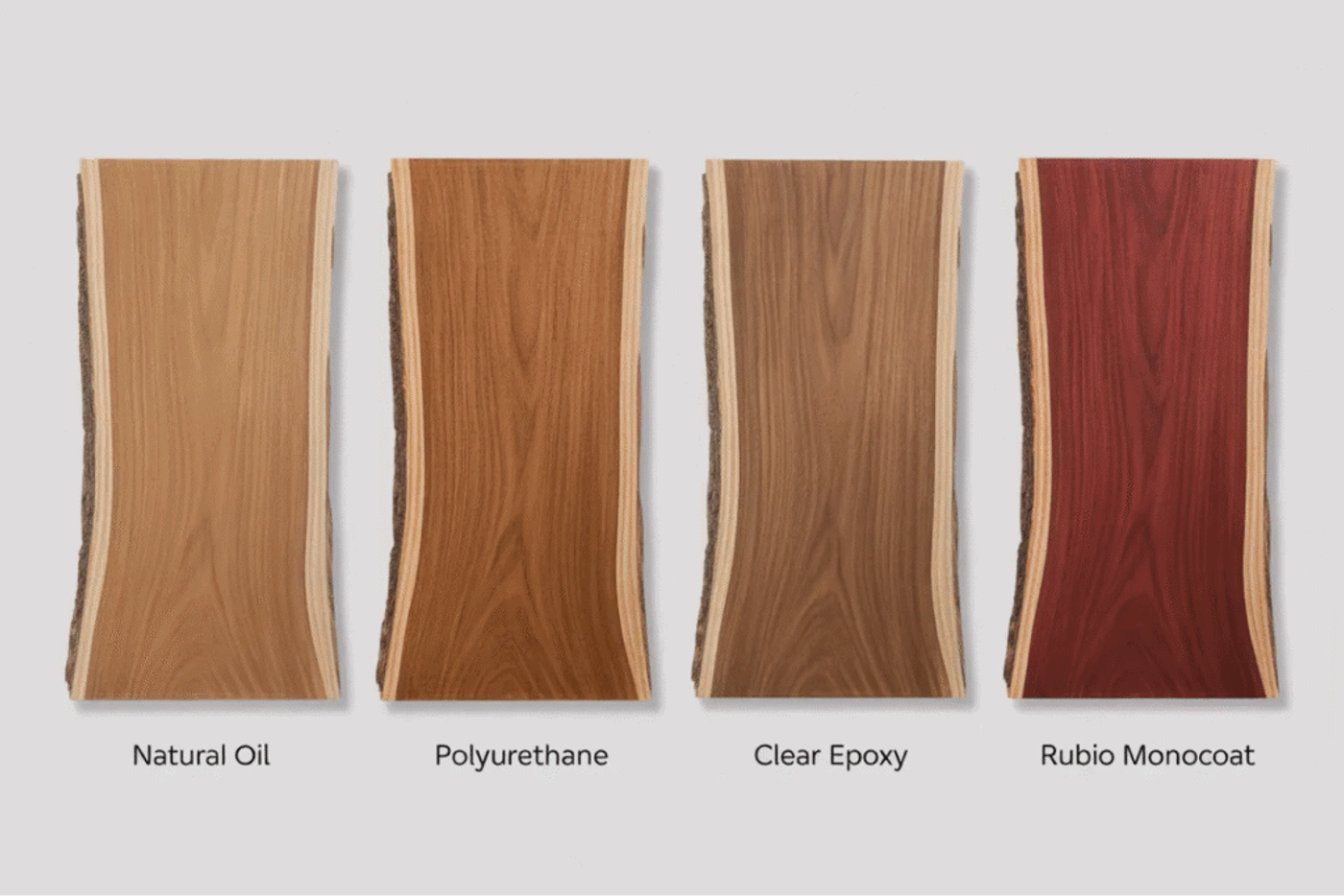 Four wood samples showing different finishes: Natural Oil, Polyurethane, Clear Epoxy, and Rubio Monocoat, highlighting variations in color and texture.