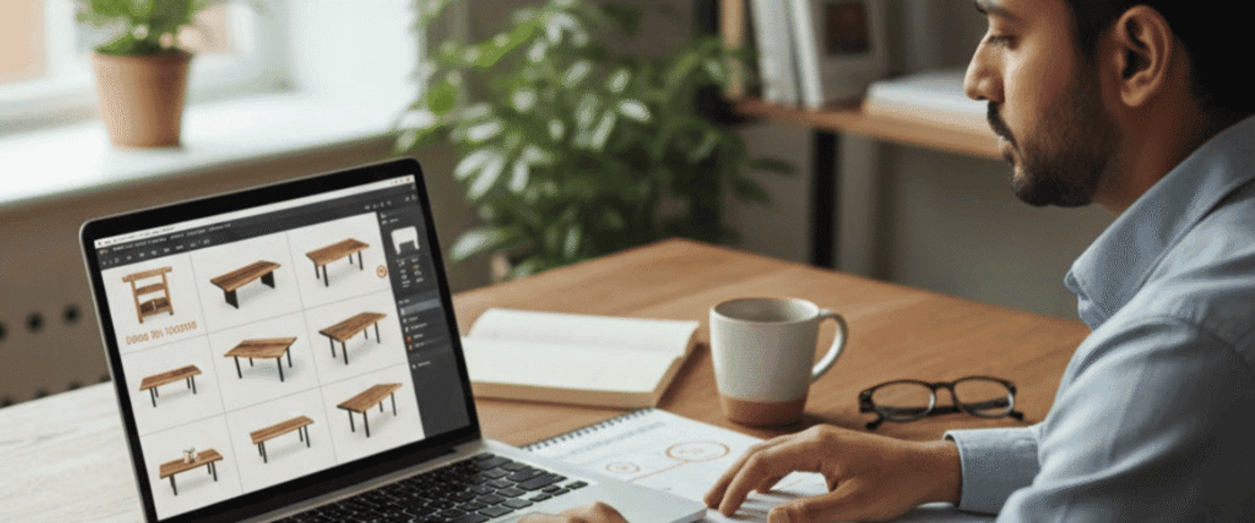 Man at a desk reviewing furniture designs on a laptop, with sketches, notebook, coffee mug, glasses, and plants nearby