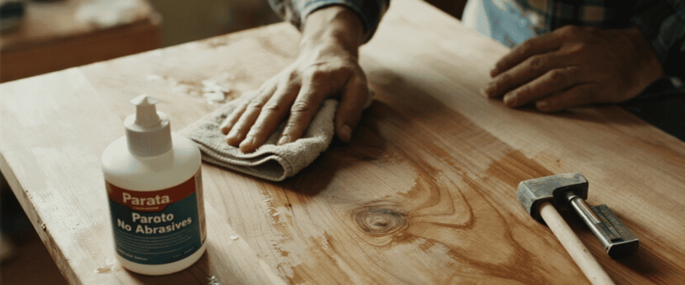 Man in plaid shirt wiping a wooden tabletop with a cloth, wood polish bottle at left and hammer with chisel at right.