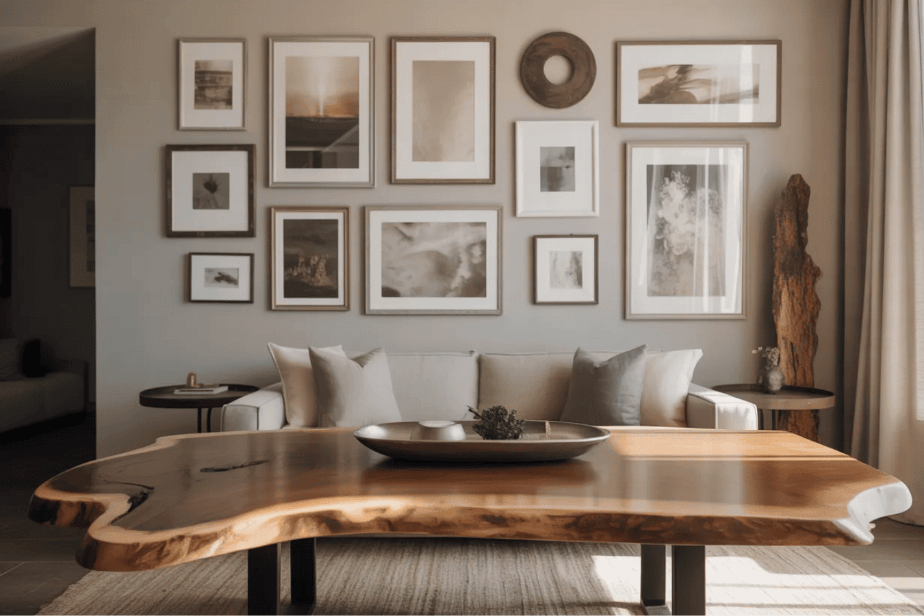 Warm neutral living room with a live-edge wooden coffee table, cream sofa, framed wall art, cushions, side tables and soft natural light