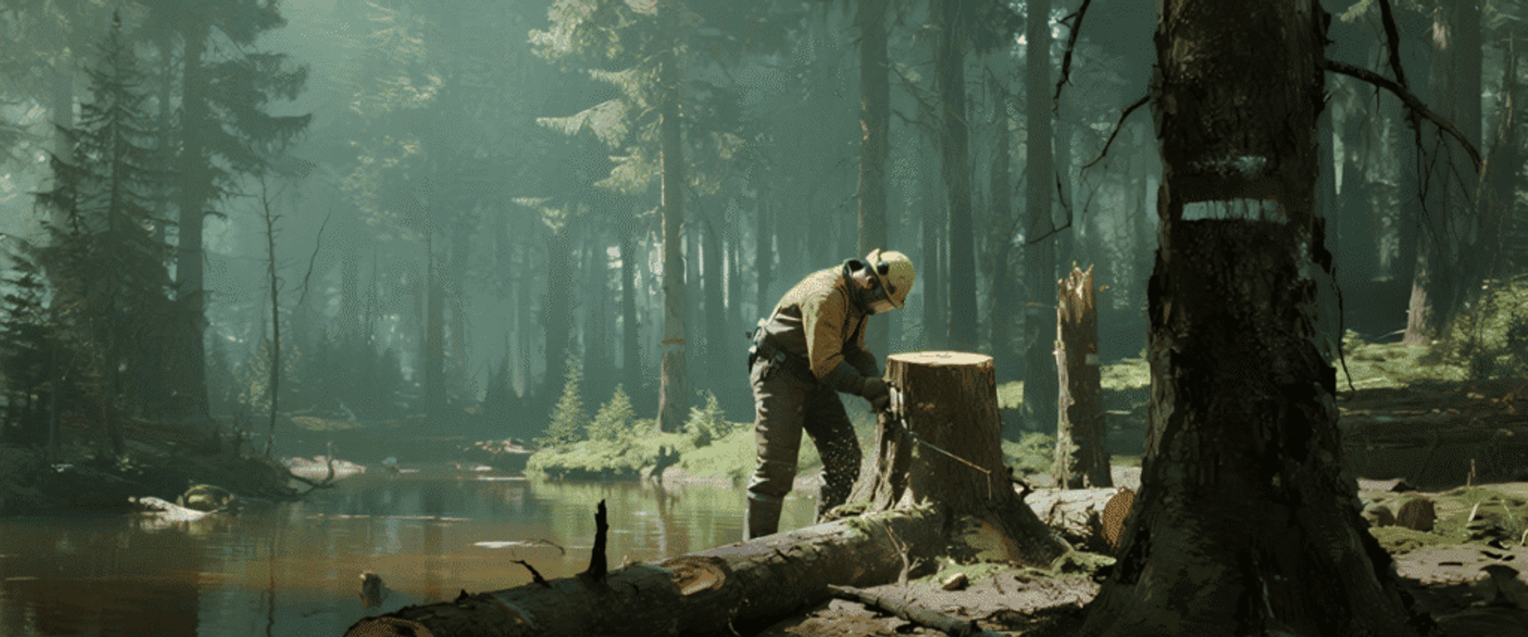 Loggers cutting a felled tree near a misty forest stream, sunlight filtering through tall evergreen trees.