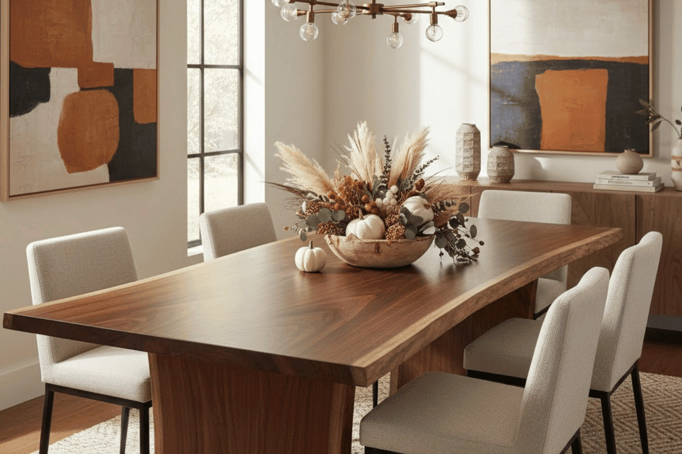 Modern dining room with a wooden live-edge table, six upholstered chairs, pampas and pumpkin centerpiece, warm abstract wall art