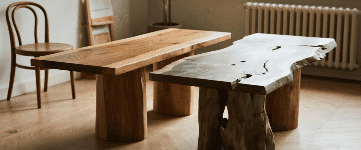 Two side-by-side live-edge teak tables: one with a fresh golden-brown finish