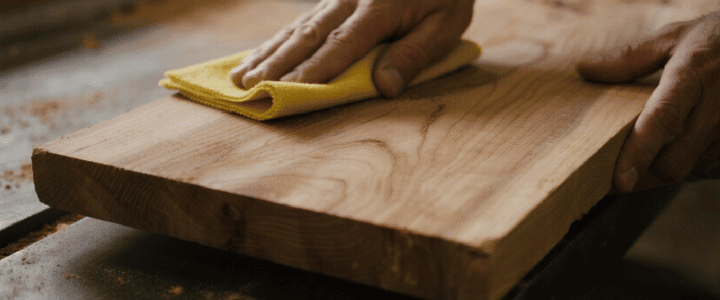 Man’s hands wiping a sanded wooden board with a yellow cloth on a workbench, showing wood grain and sawdust.