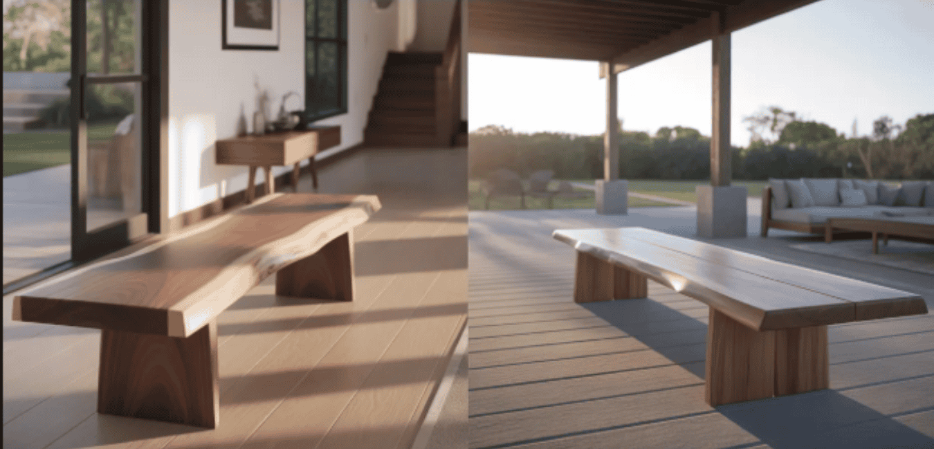 Two images showing a wooden bench with a natural edge design. The left image shows the bench placed indoors near a glass door and a console table, with sunlight casting shadows on the floor. The right image shows the same bench outdoors on a patio under a pergola, with a sofa and greenery in the background during sunset.