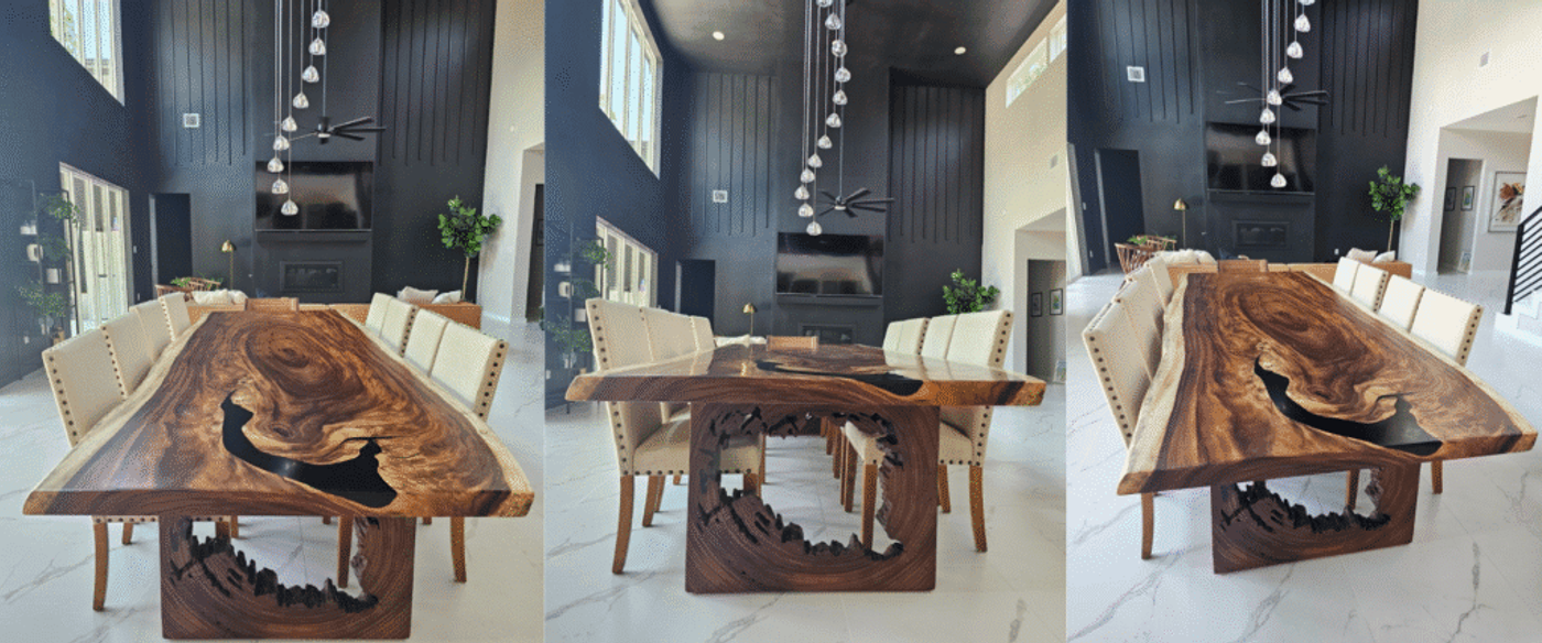 Live edge wooden dining table with natural grain, black resin inlay, and sculpted base in a modern, bright room.