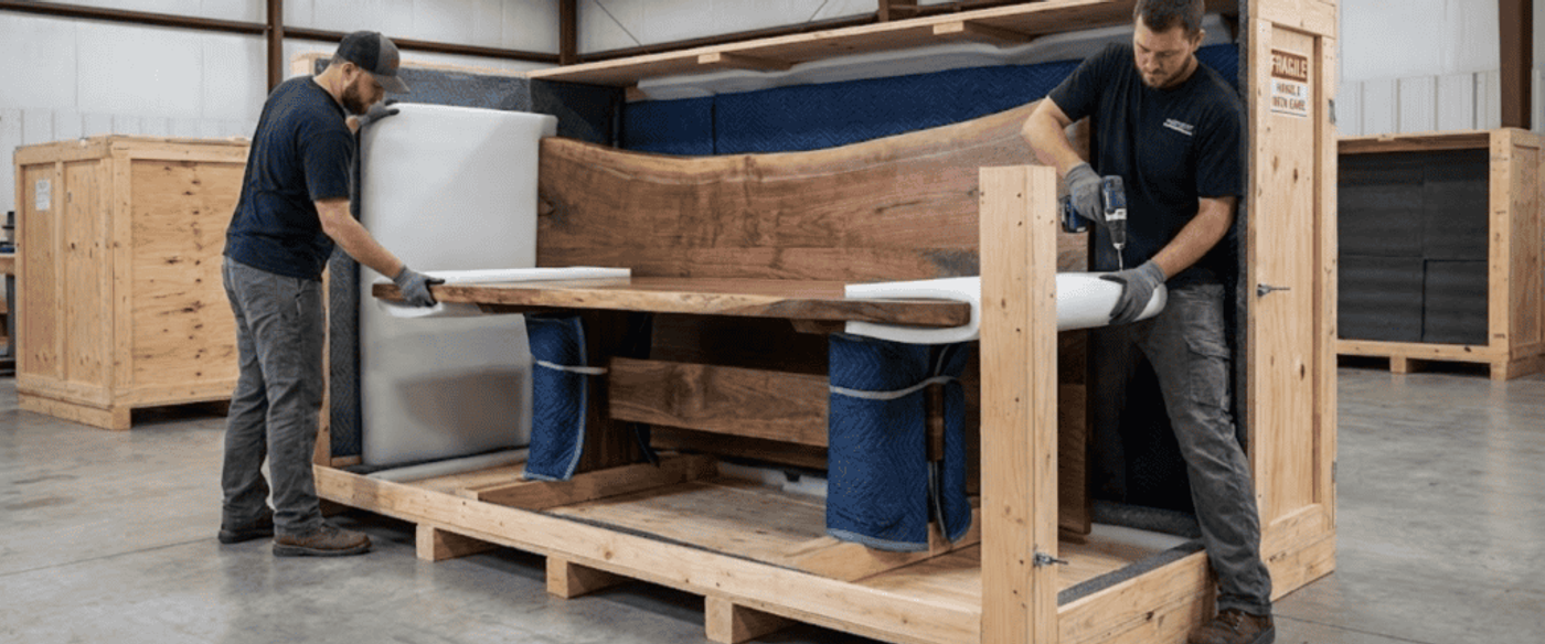 Two workers carefully pack a large live-edge wood table into a custom wooden crate inside a warehouse using padding and tools