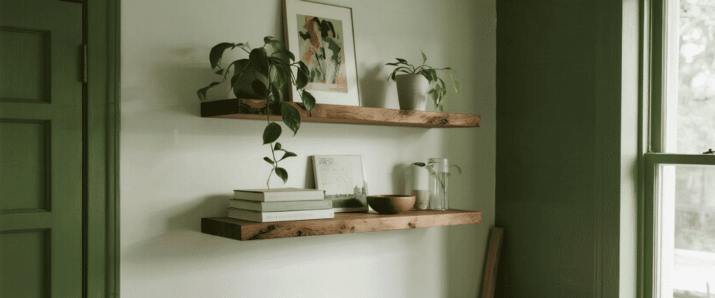 Minimalist wall shelves with plants, books, and decor, blending natural wood tones and greenery for a cozy, modern space.