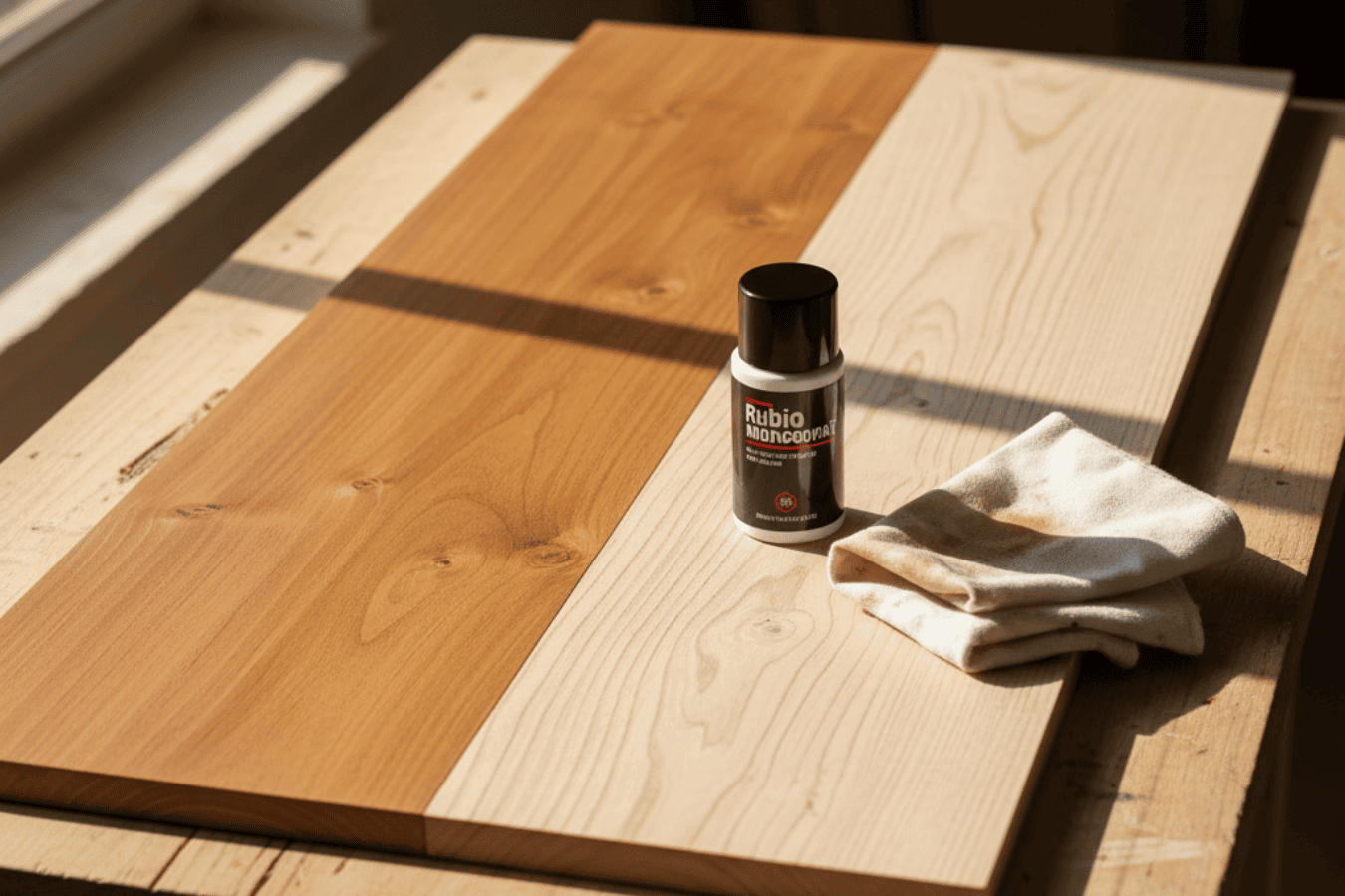 Wood panel half stained warm brown beside a small can of Rubio Monocoat oil and folded cloth