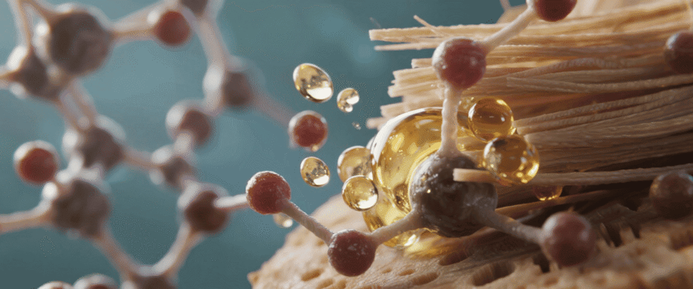 Molecules with golden oil droplets clinging to textured fibers and a porous surface