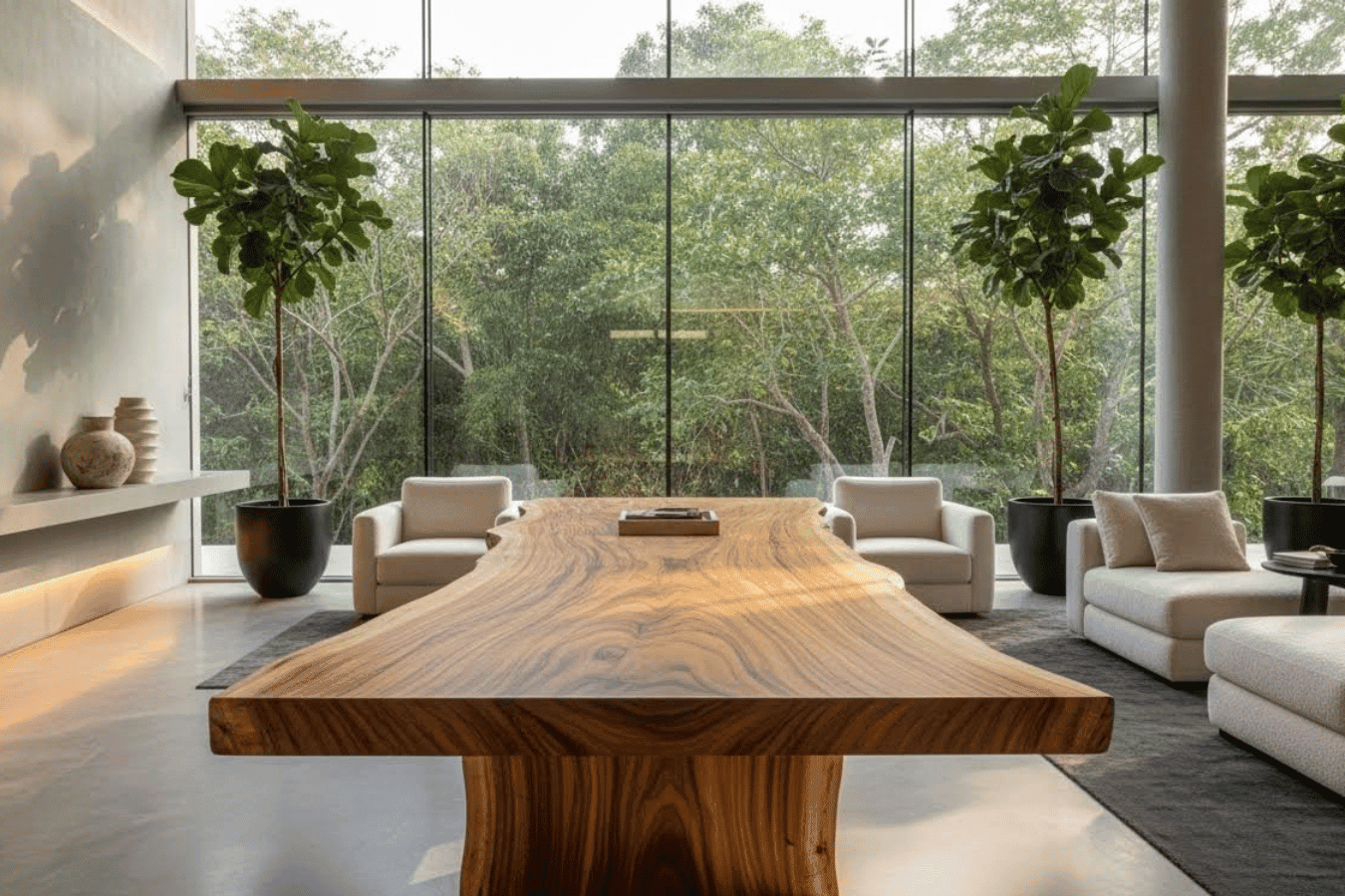 live-edge Guanacaste wood (Parota) table showcased in a luxurious modern interior. Dramatic swirling grain patterns, rich golden-brown tones, and polished surface