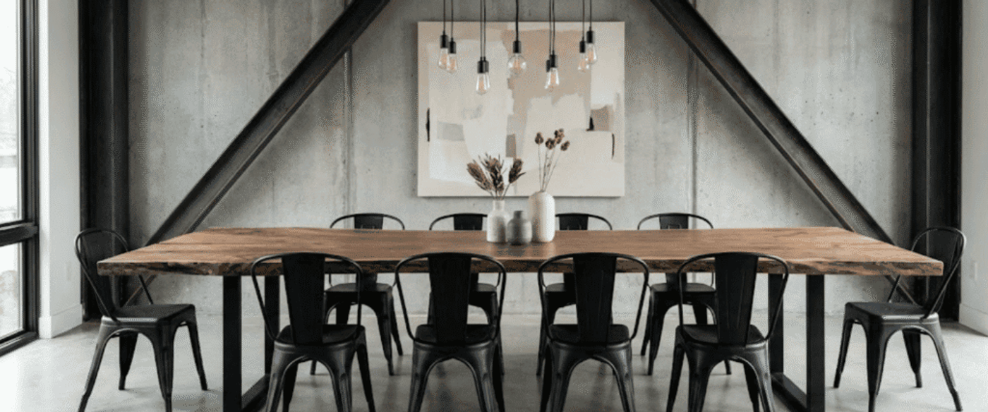 Long wooden dining table with eight black metal chairs in a modern industrial dining room, concrete walls, pendant lights, and minimalist decor