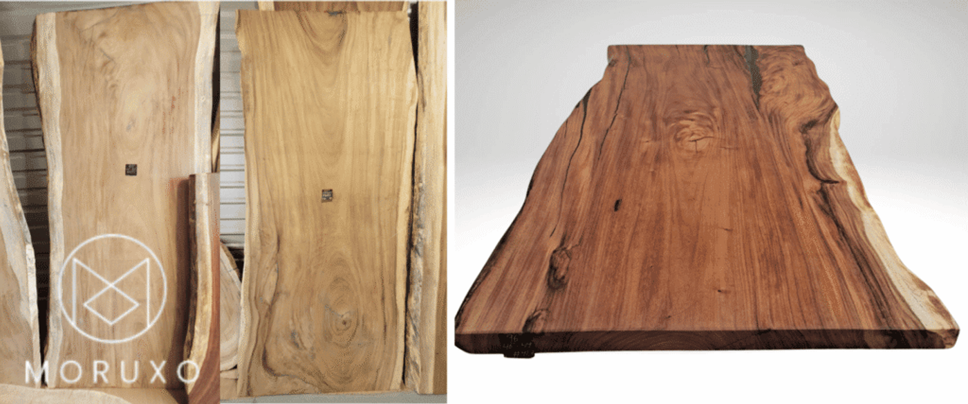 Live-edge walnut slab table top with rich grain, knots, and natural bark edge, photographed against a white background.
