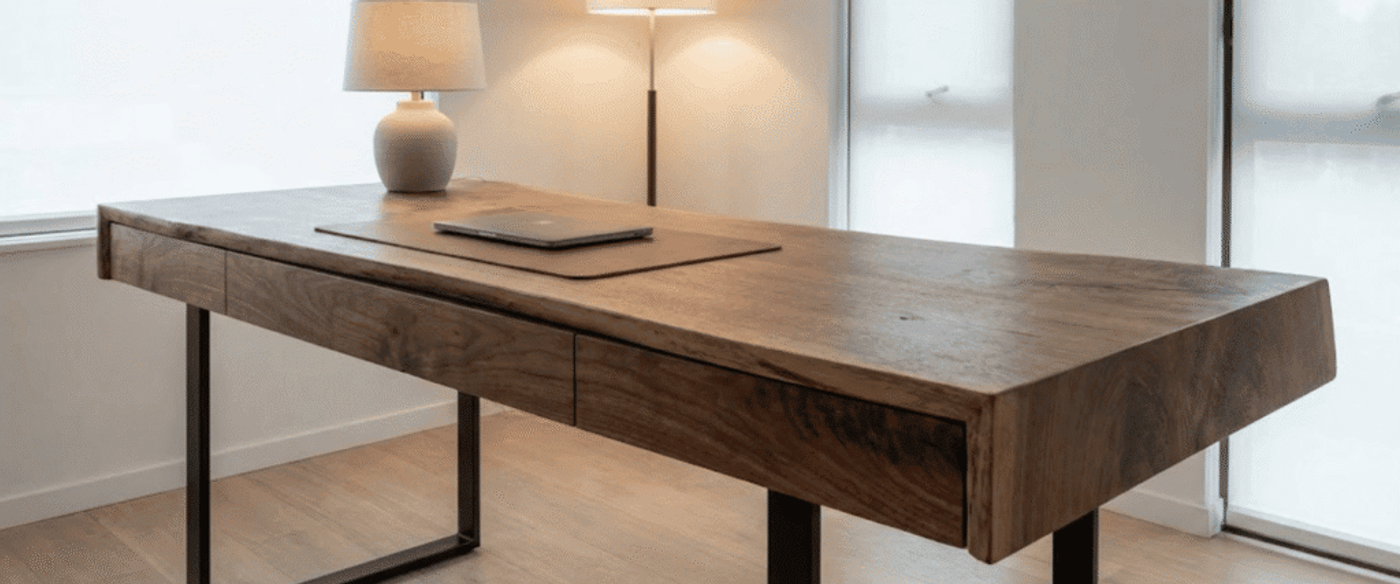 Minimal wooden desk with metal legs, closed laptop and lamps by large frosted windows in a bright, modern home office