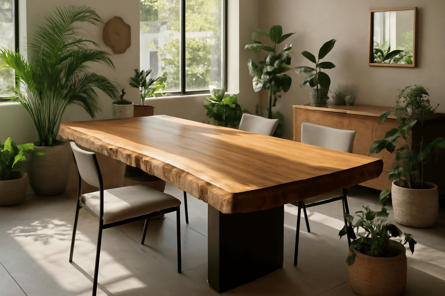 Natural wood dining table with live edge design, surrounded by modern chairs, set in a bright room with large windows and lush indoor plants.