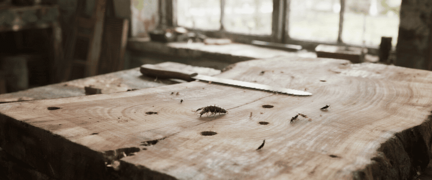 live-edge wood slab with small exit holes and sawdust from wood-boring insects