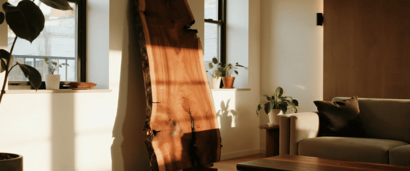 Walnut live edge slab standing upright in a cozy, modern living room with natural sunlight coming through the windows