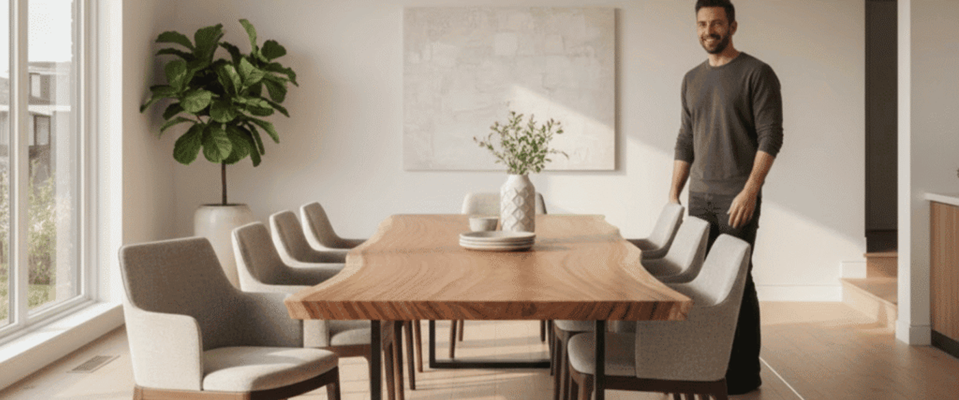 Person standing beside a long wooden dining table with eight upholstered chairs in a bright, modern dining room