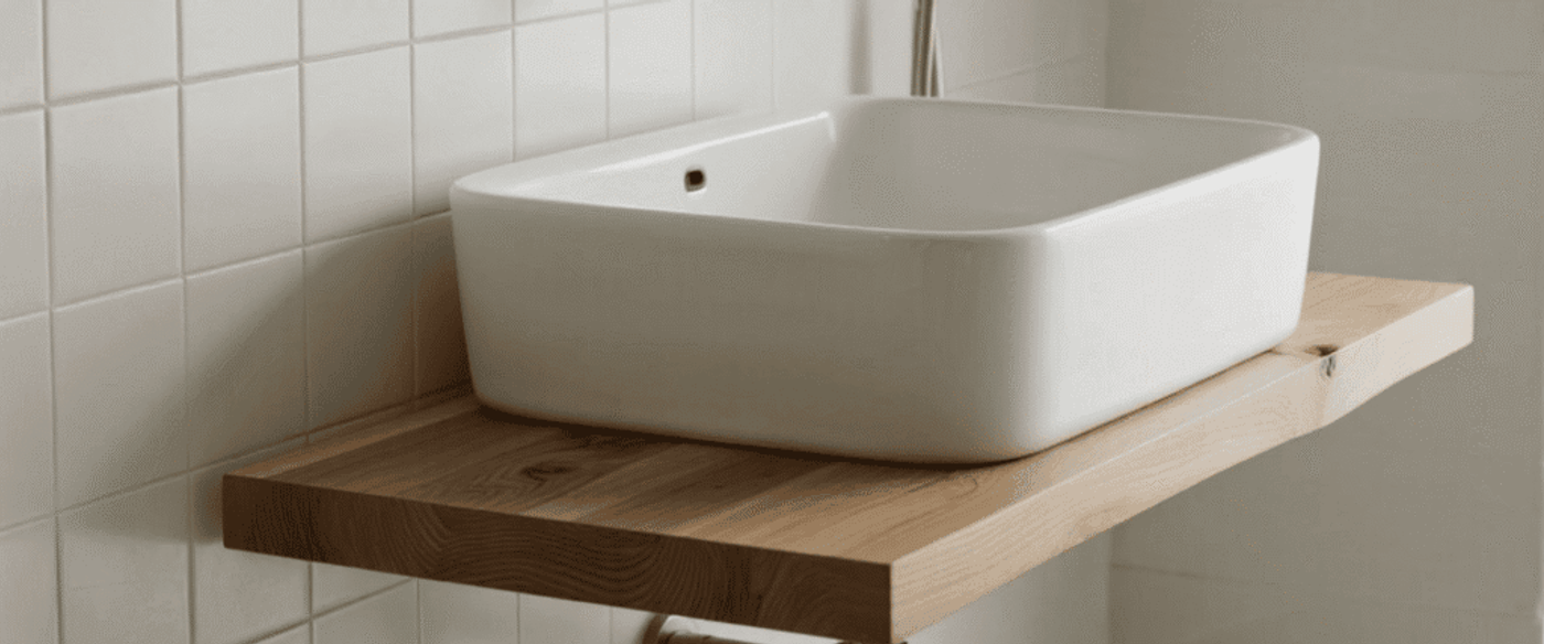 Clean white rectangular sink mounted on a floating wooden shelf with wall-mounted chrome faucet and tiled bathroom wall.