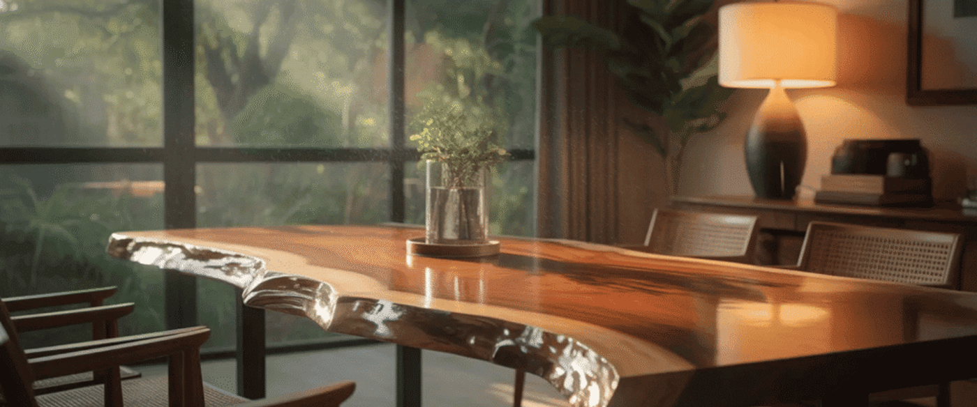 Warm wood slab dining table with live edge, glass vase with greenery, rattan chairs, soft lamp light